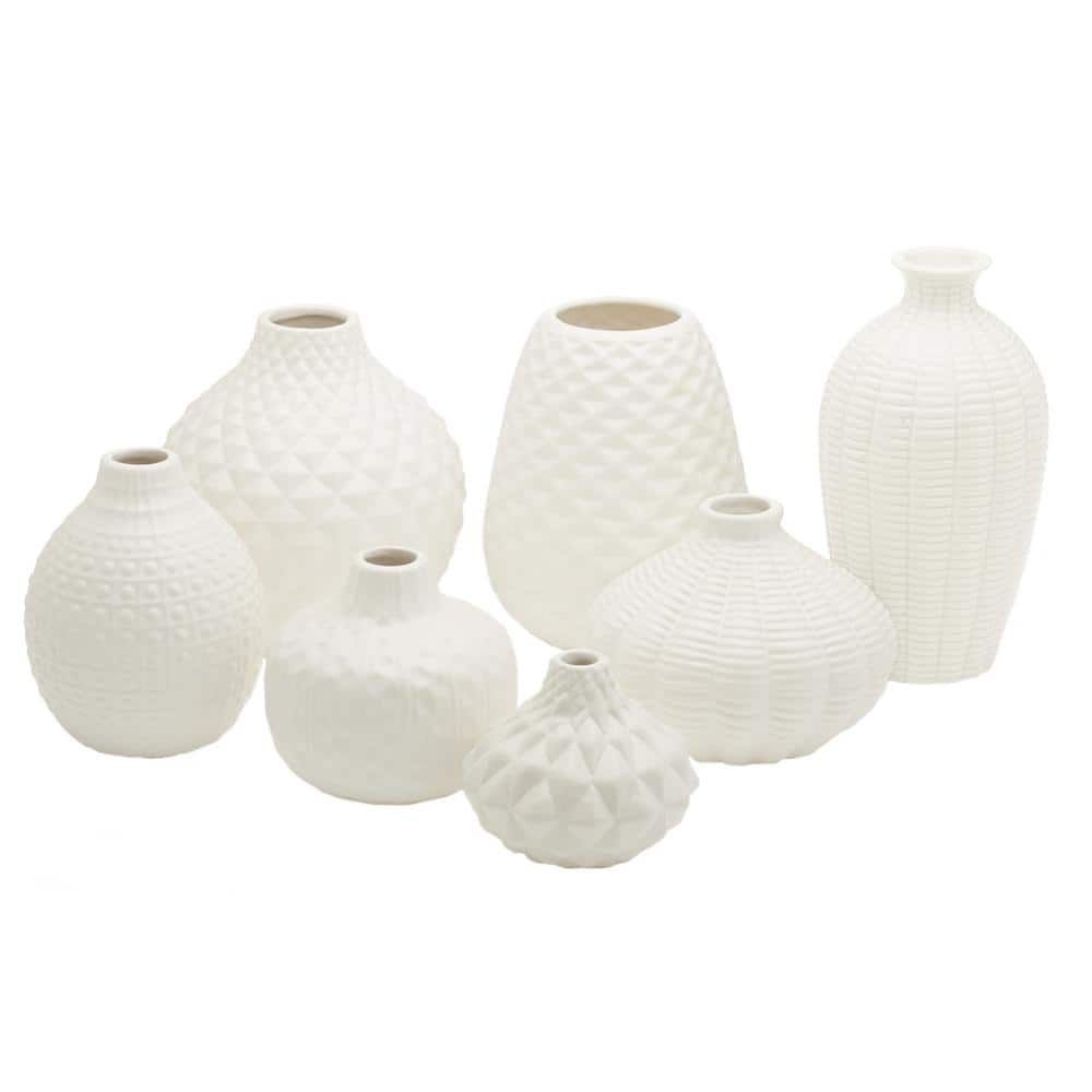 Artisan White Ceramic Carvings Bud Vases