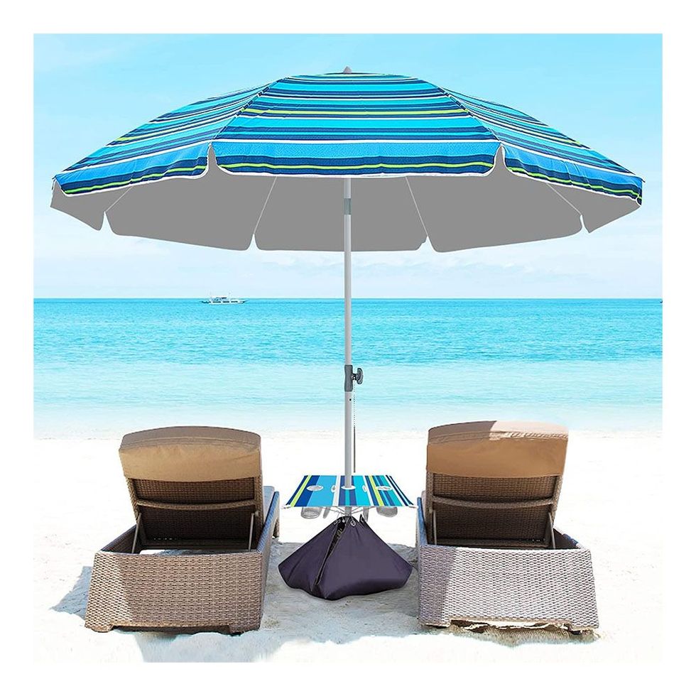 Beach Umbrella with Table and Sandbags