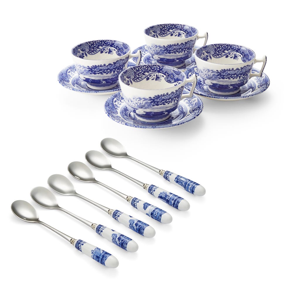 Blue Italian Teacup and Saucer Set of 4 with Free Teaspoon Set