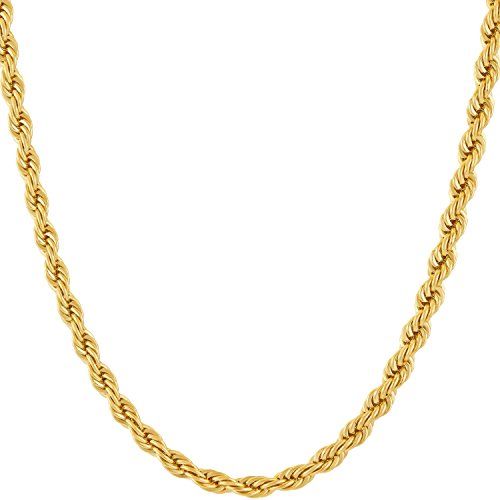 24k Gold Plated 4mm Rope Chain Necklace, 20 inches