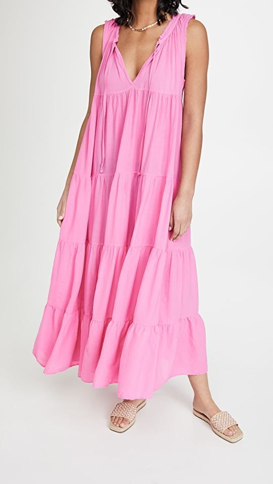 粉紅色V領長洋裝
