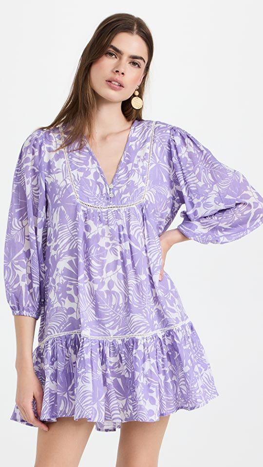 紫色棕櫚頁印花短洋裝