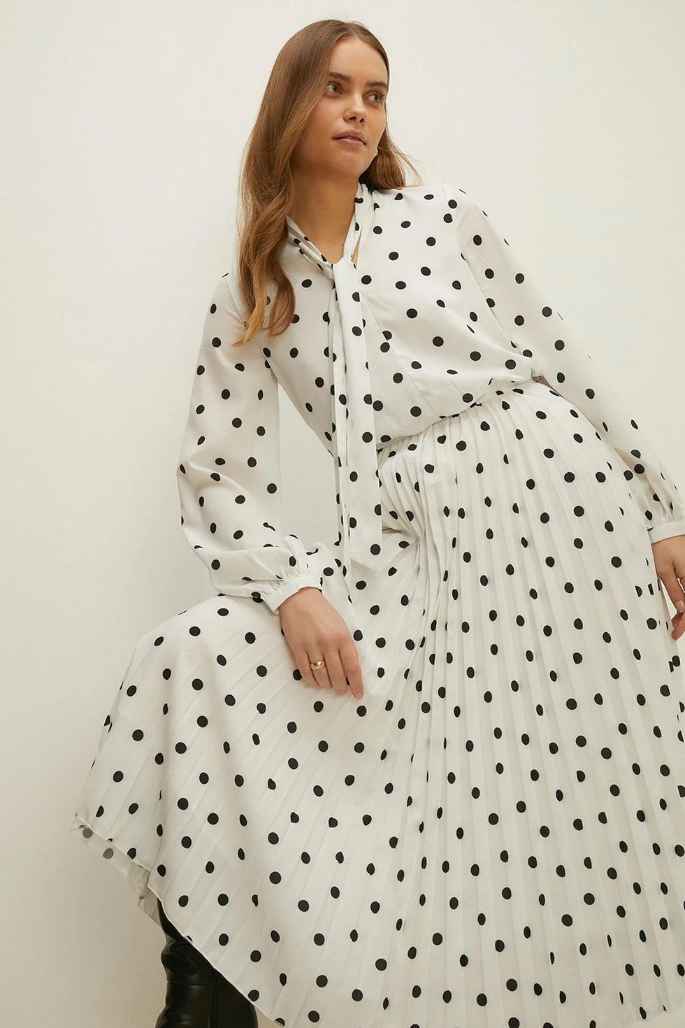 Spot Pussybow Pleated Midi Dress