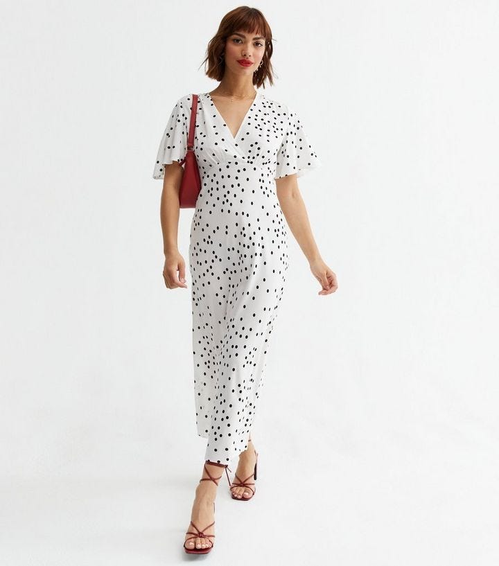 White Spot Flutter Sleeve V Neck Midi Wrap Dress