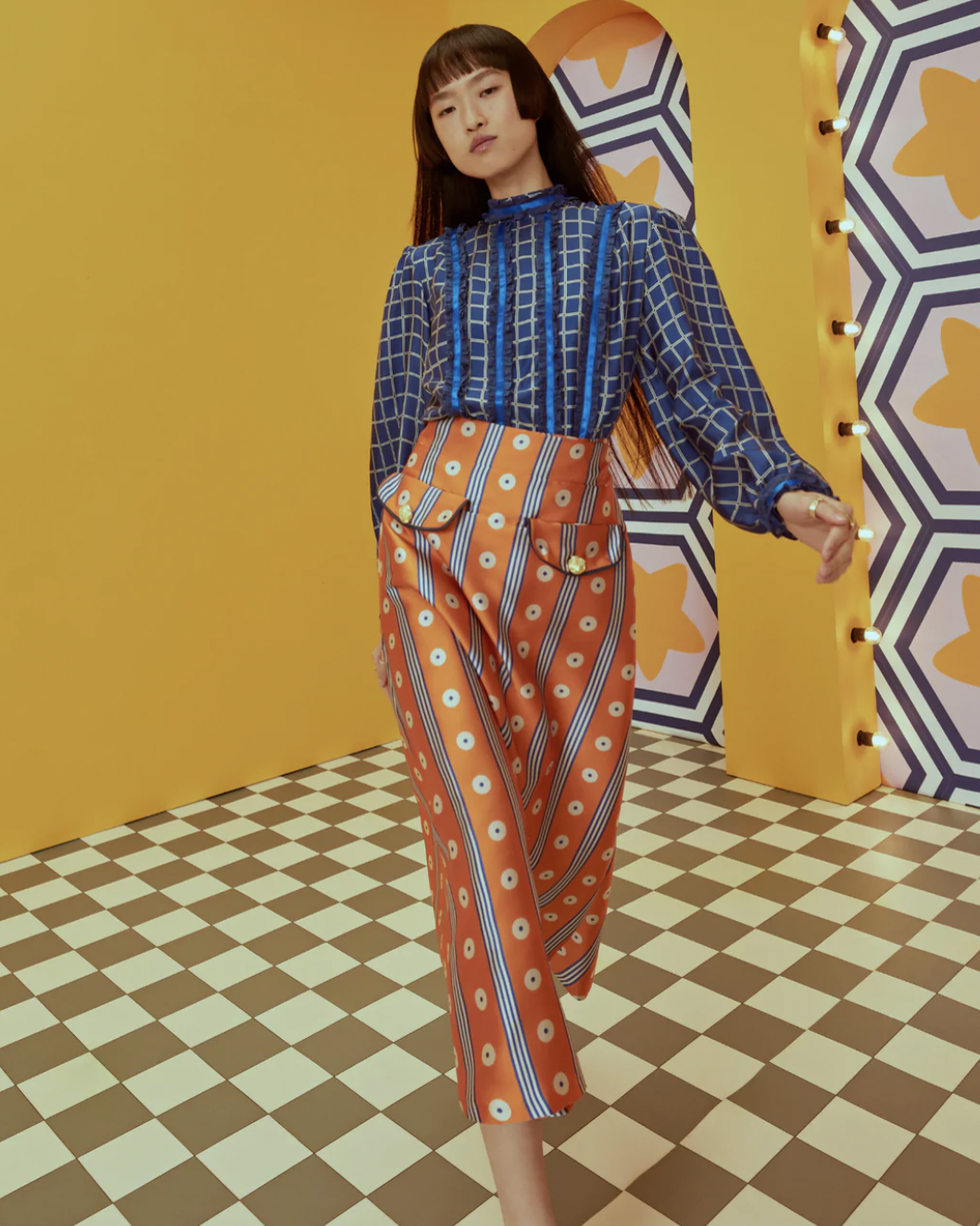 Lisou Iona Blue Orange Colline Print Silk Jacquard Skirt