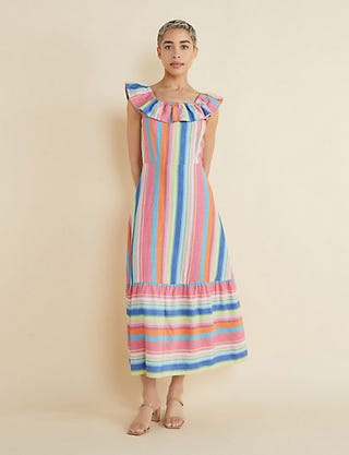 Striped Midi Swing Dress with Linen