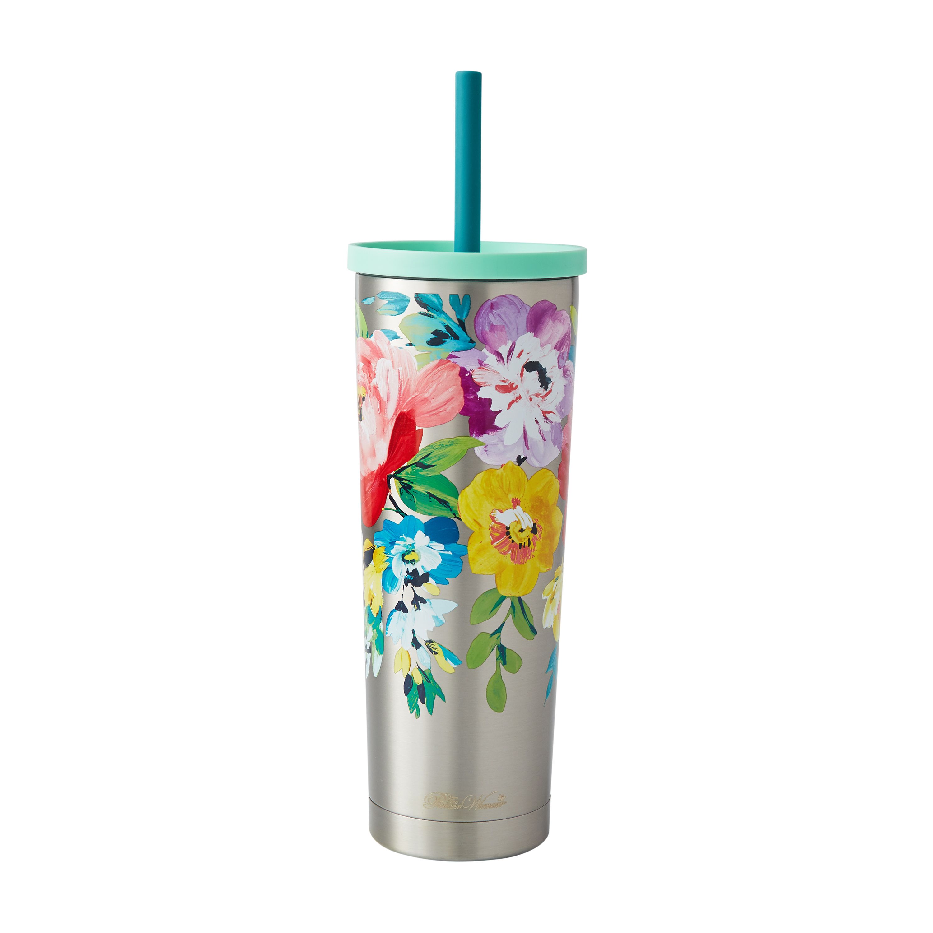 PIONEER WOMAN Tumbler With Sip Lid  Stainless Steel Floral Teal 18 oz NEW 
