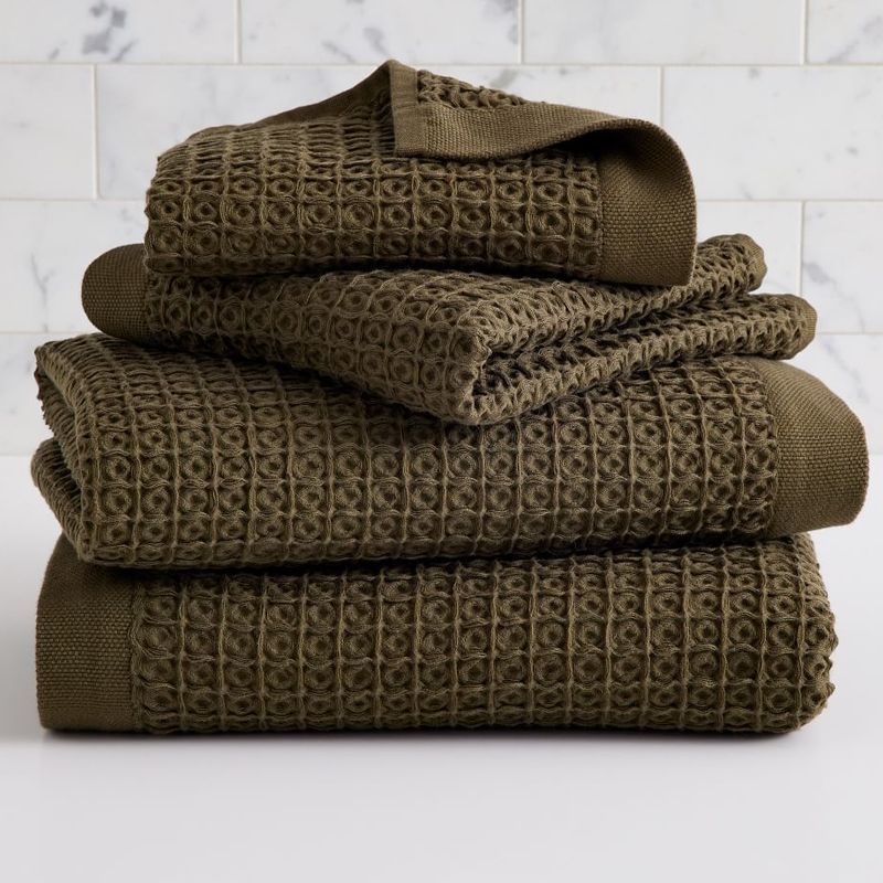 BATH TOWELS Cotton Linen Large Green and Brown Organic Soft Waffle