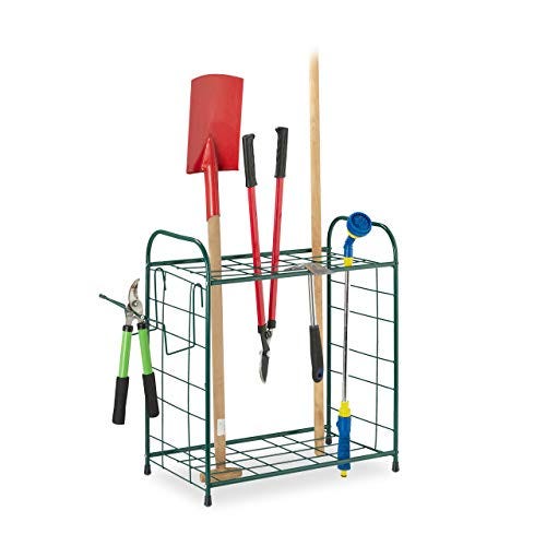 Relaxdays Organizador Herramientas Jardín, Soporte Escoba, con Balda, De Rejilla, Metal, 1 Ud, 68 x 80 x 35 cm, Verde