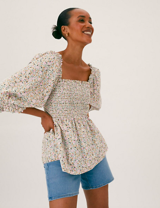 Floral Square Neck Short Sleeve Top