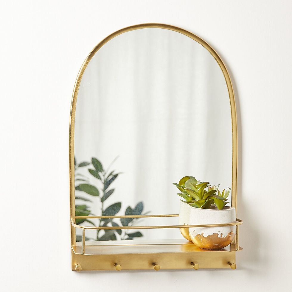 Gold Metal Arch Mirror with Shelf & Hooks