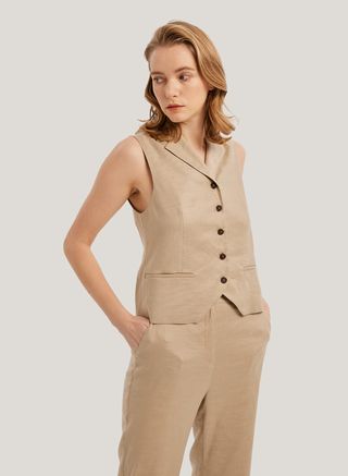 Buttoned-Front Linen Blazer Vest