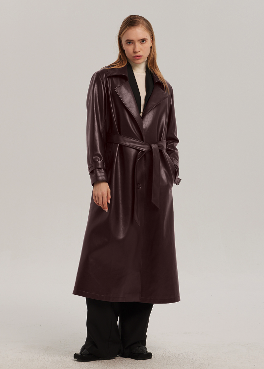 Belted Vegan-Leather Trench Jacket