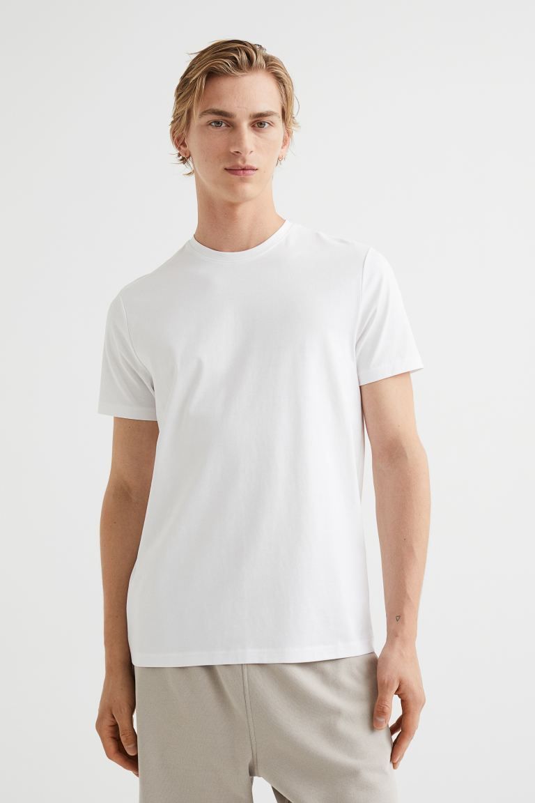 HM Men White Solid Cotton Pure Cotton T-shirt Regular Fit