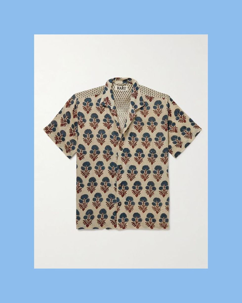 Camp-Collar Panelled Printed Linen Shirt