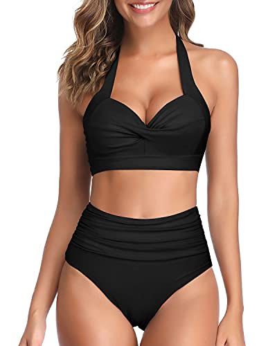 Tempt Me Women Black Sexy Cutout One Piece Swimsuits Tummy Control High  Waisted Halter Front Tie Knot Bathing Suit XXS at  Women's Clothing  store