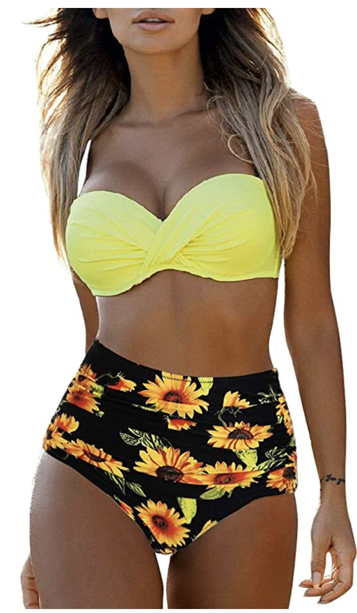 Women Two Pieces Bathing Suits Adjustable Double Strap Ruffled Top with Sunflower High Waisted Bottom Tankini Set 