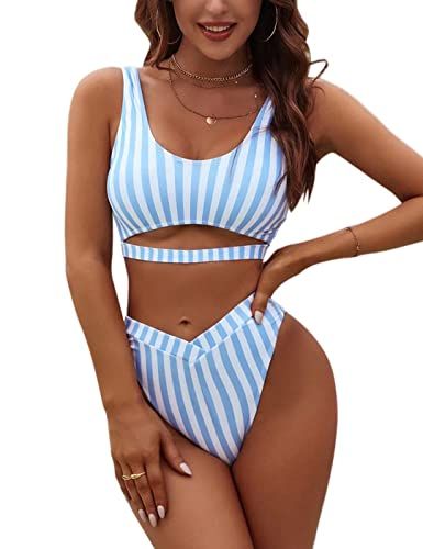 Blooming Jelly Womens High Waisted Bikini Set Tie Knot Bathing Suit Striped Hi Rise Two Piece Swimsuits 