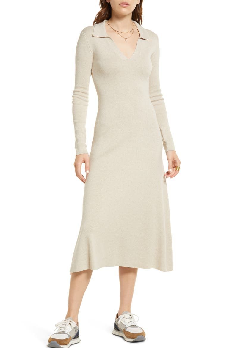 Treasure & Bond Long-Sleeve Cotton-Blend Rib Polo Sweater Dress