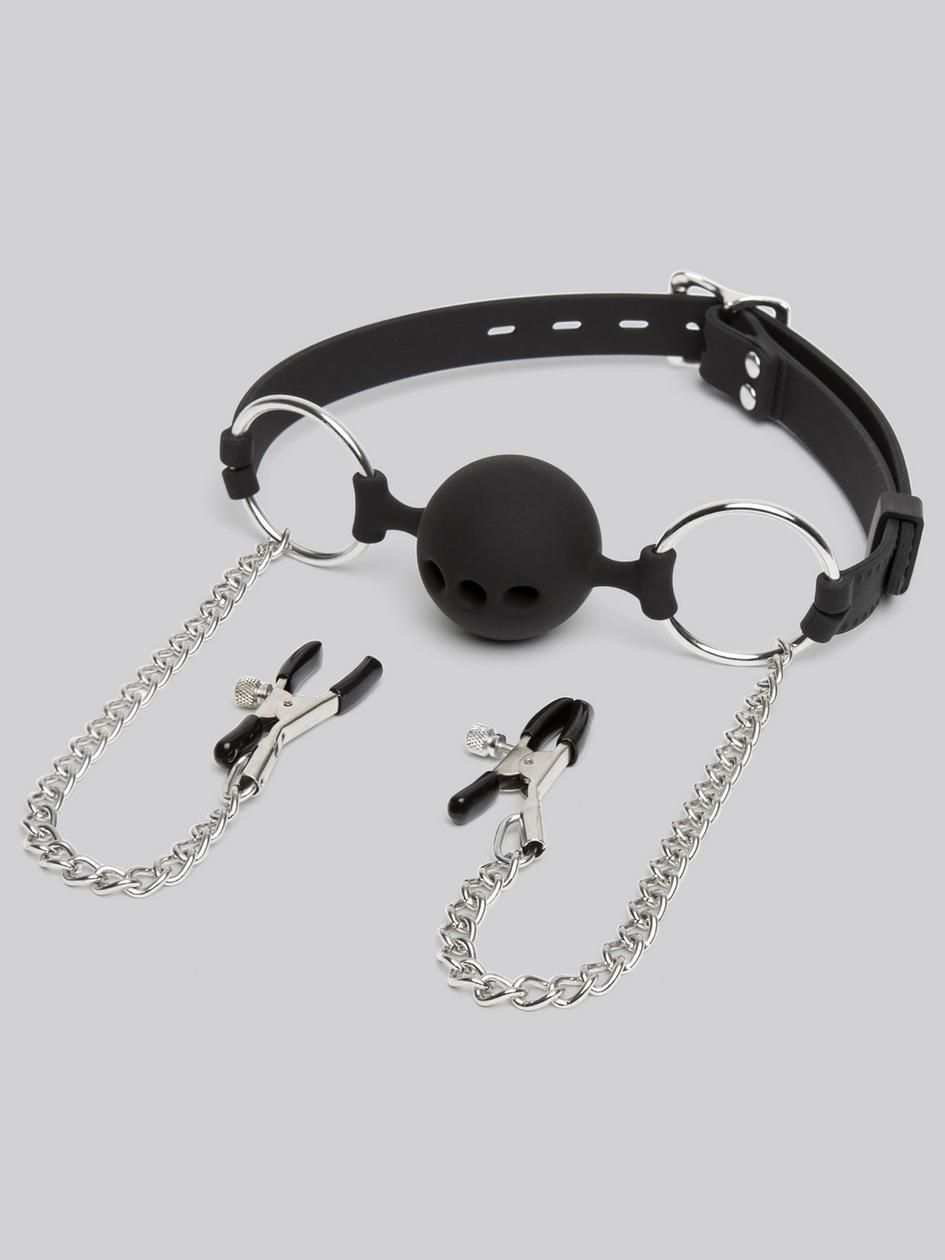 Deluxe Large Breathable Ball Gag with Nipple Clamps