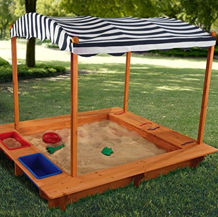 Outdoor Covered Wooden Sandbox with Bins and Striped Canvas Canopy