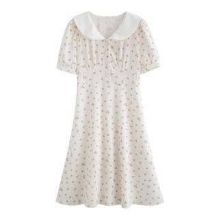 Short-Sleeve Sailor Collar Floral Midi A-Line Dress