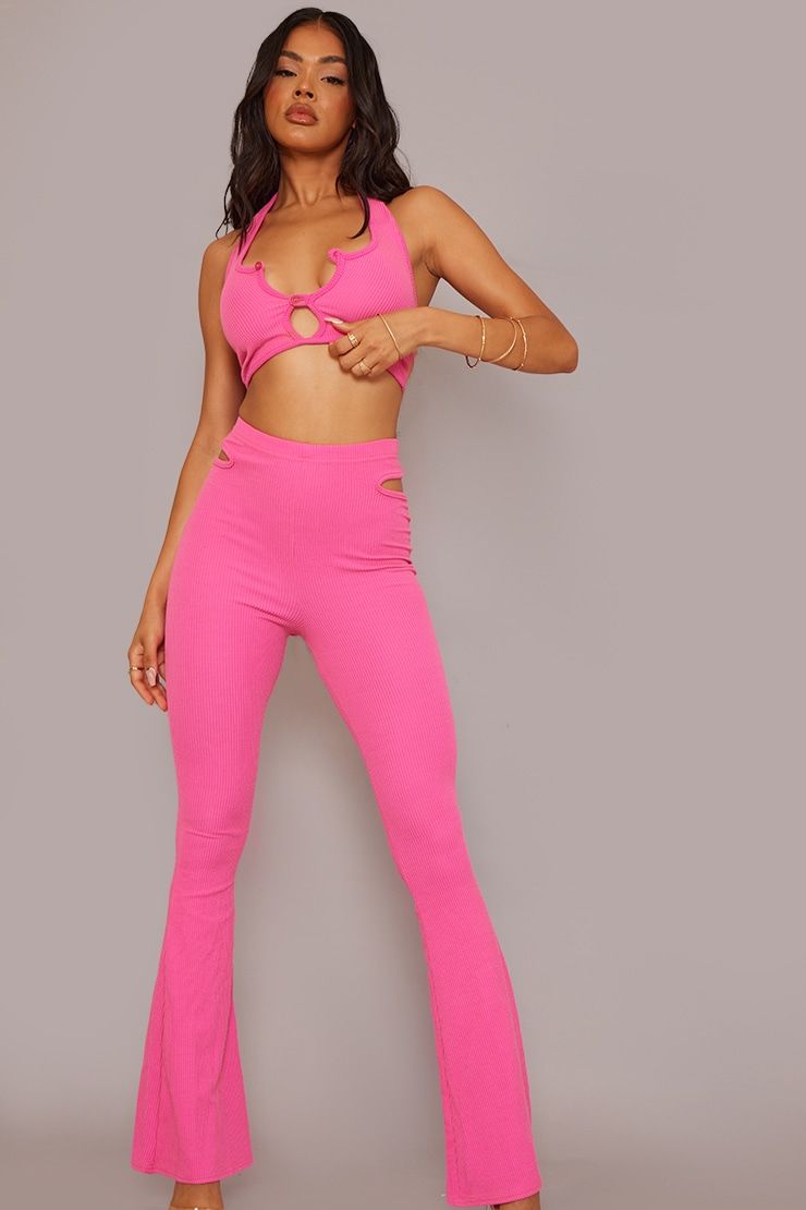 Hot Pink Crinkle Rib Cut Out Side Detail Flared Pants