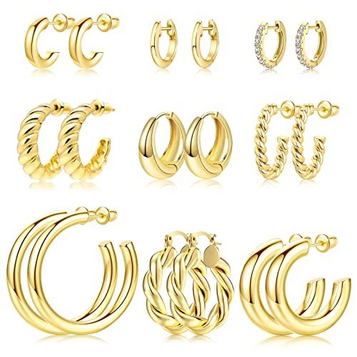 Gold Hoop Earrings Set 14K Plated 