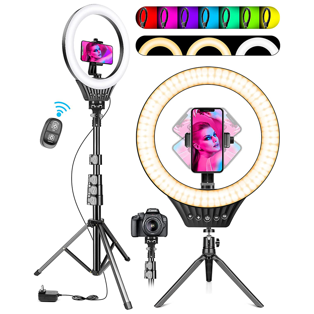 RGB Selfie Ring Light 12 inch LED Selfie Lights with Extendable Tripod Stand and Phone Holder for Live Video Calls Vlog YouTube Makeup and Photography Compatible with iPhone & Android 