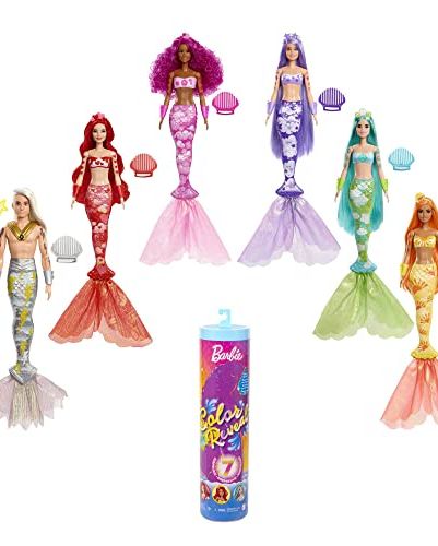 Barbie Color Reveal Mermaid Doll with 7 Unboxing Surprises: Metallic Blue with Rainbows; Water Reveals Full Look & Color Change; Gift for Kids 3 Years & Older