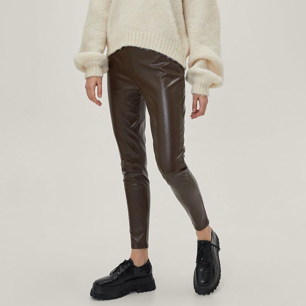 Faux Leather Shaping Legging with Side Zip in Tan, yummie