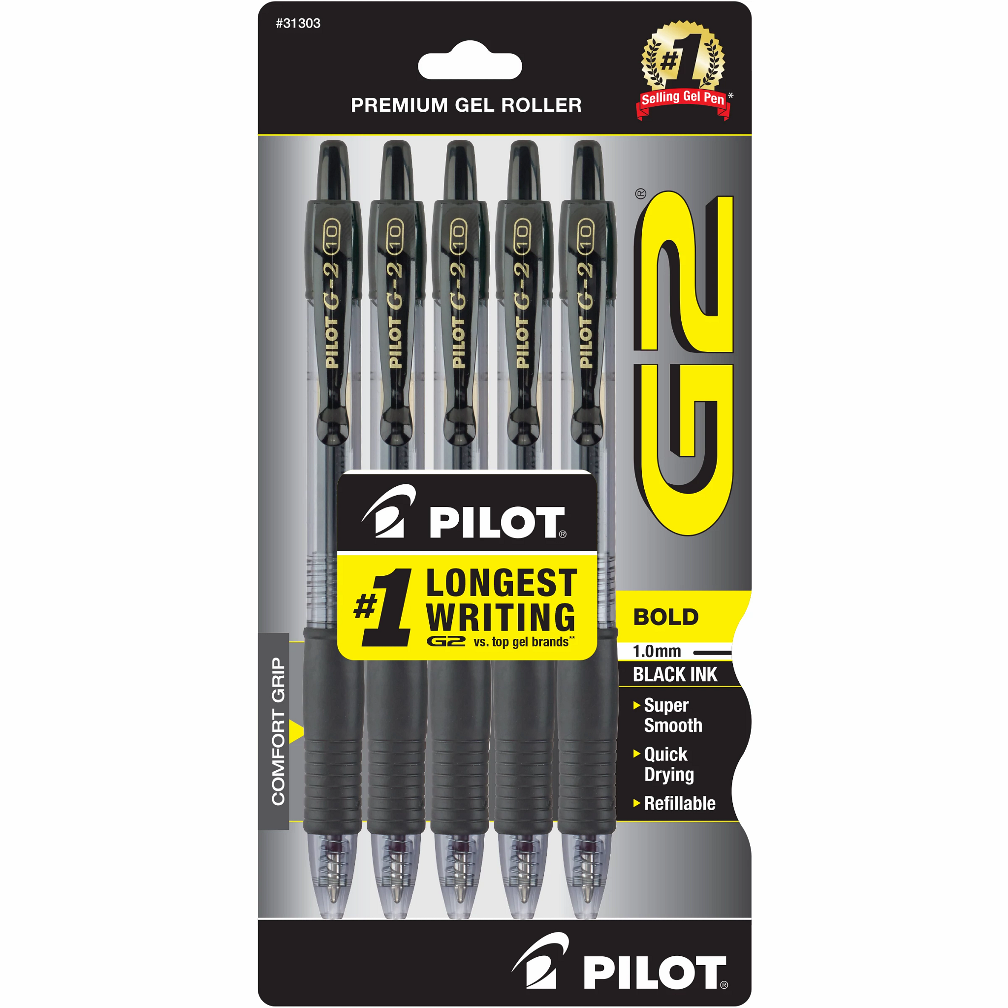 Pilot G2 Retractable Gel Ink Pens, 5 Count