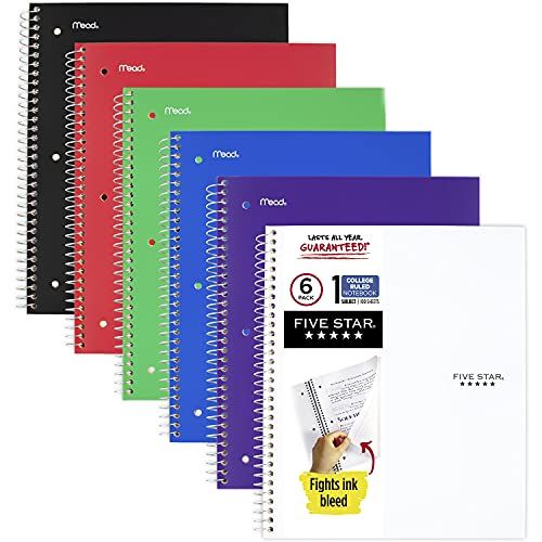 Five Star Spiral Notebooks with Pockets, 6 Pack