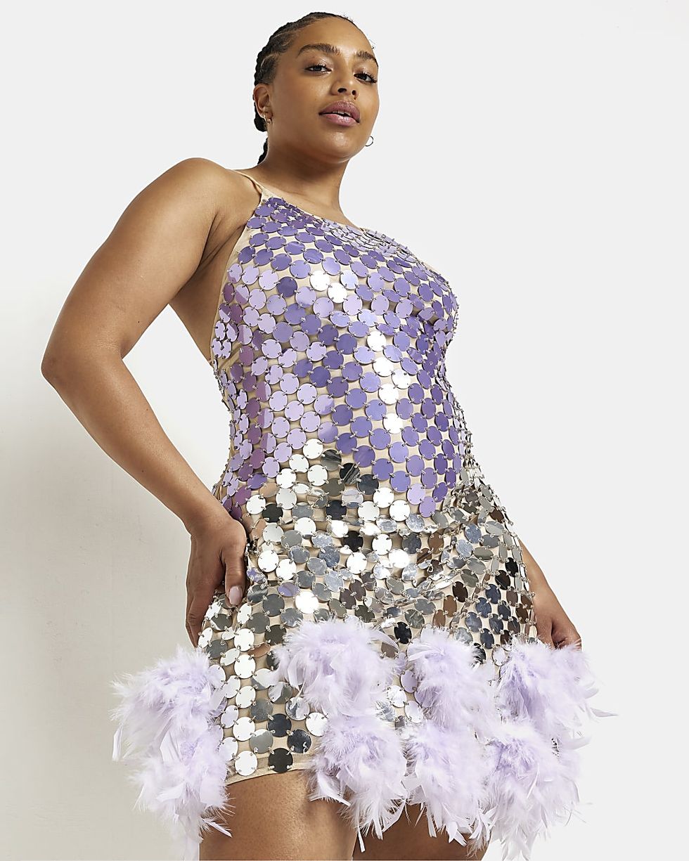 Plus Purple Sequin Feather Mini Dress