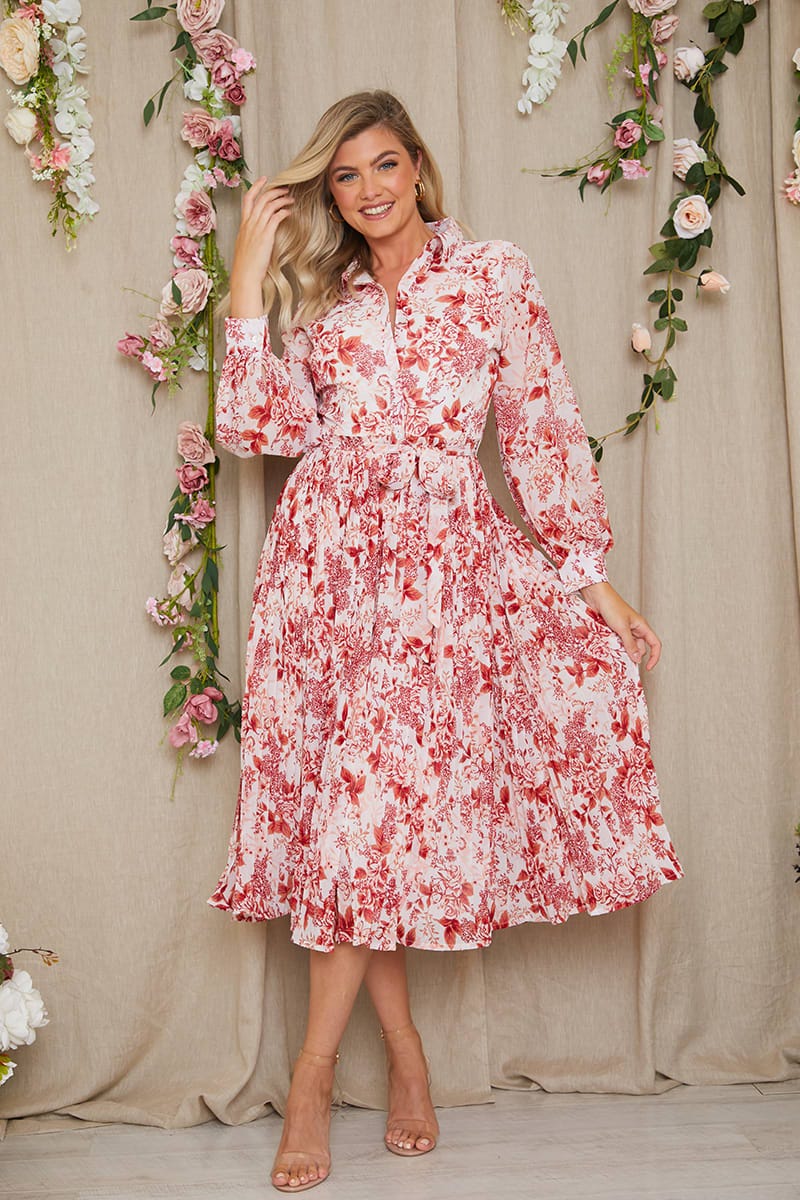FLORAL PLEATED MIDI SHIRT DRESS