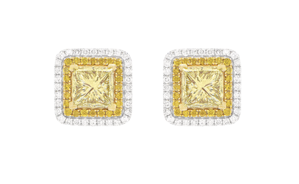 Fancy Yellow Diamond Earrings 2.50 Carat Each With White and Yellow Diamond Halo