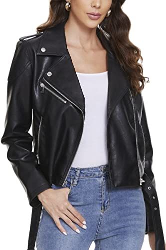 Faux Leather Motorcycle Jacket with Belt