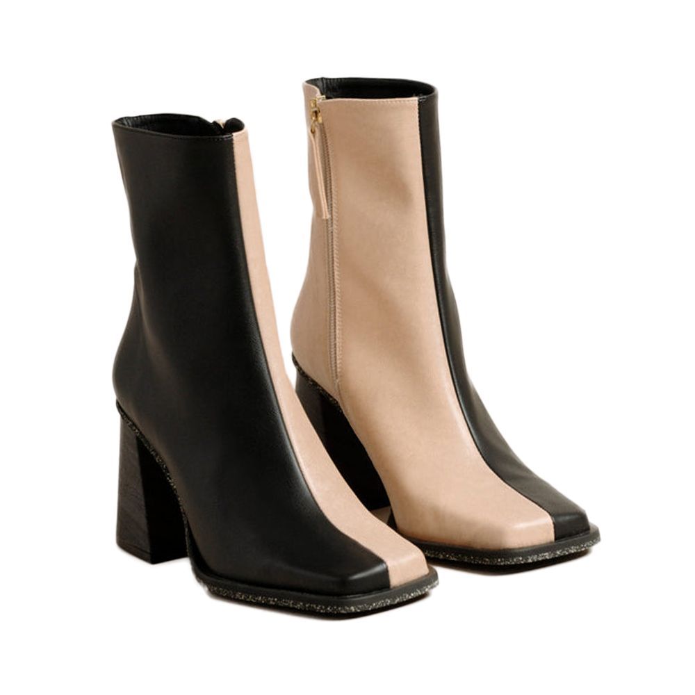 Solid Faux Leather Half Boot Medium Heel With Zipper For Women - Beige