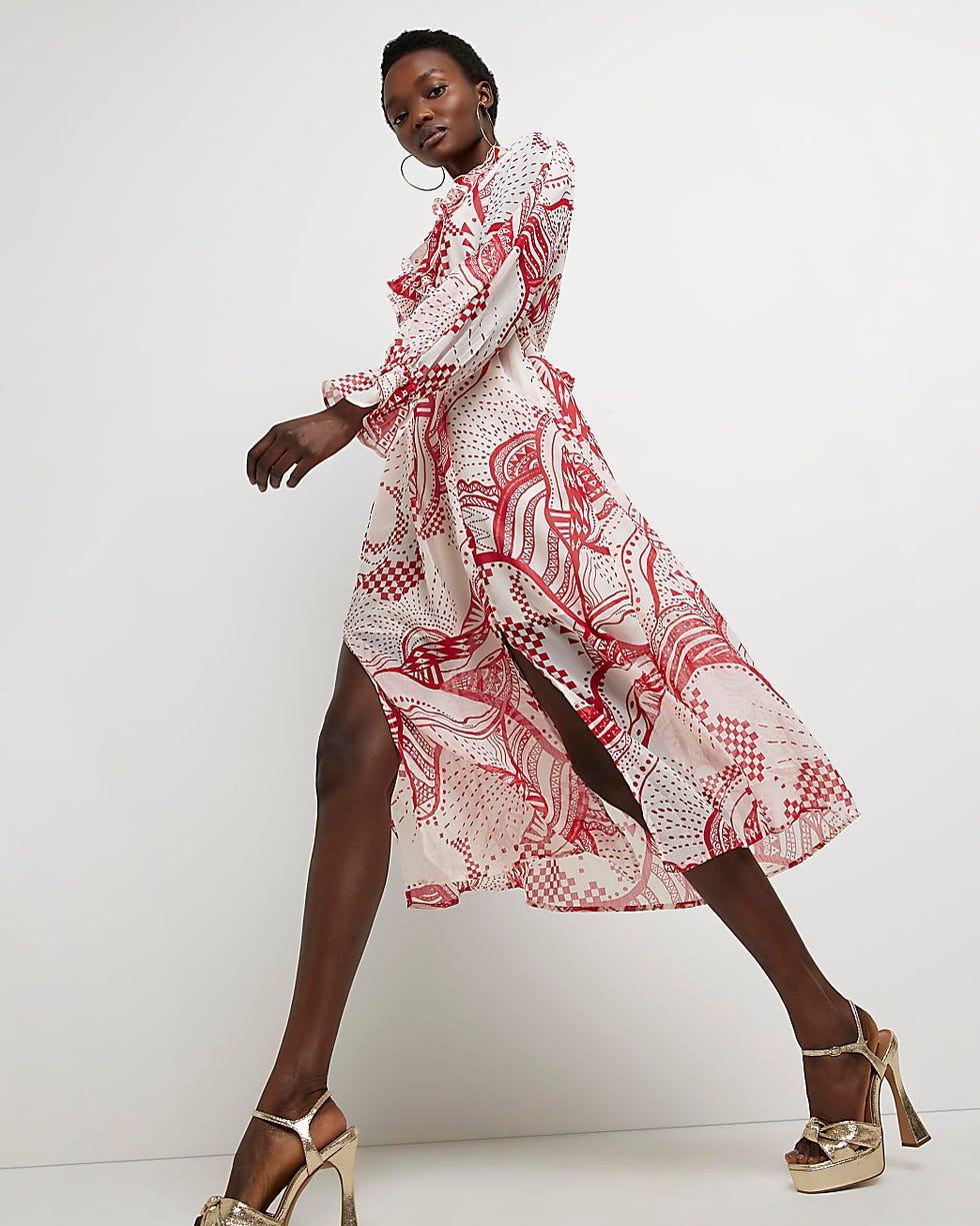 Red print frill midi dress