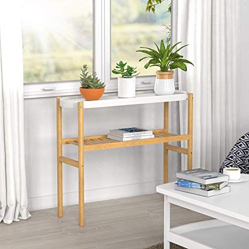 Bamboo Plant Shelf Indoor, 2 Tier Tall Plant Stand Table