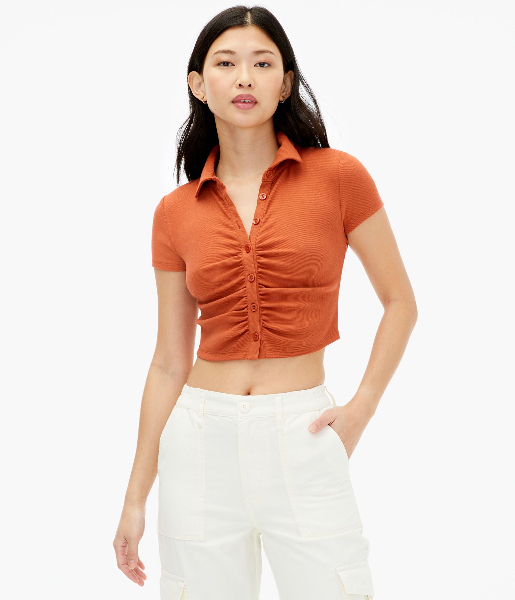 Ruched Button-Front Cropped Polo