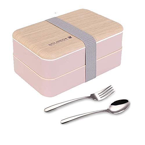 Lunchbox portapranzo Scatole bento box contenitore originale divisore bundle stile giapponese con cucchiaio e forchetta in acciaio inox(Rosa)