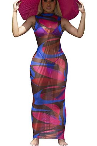 Sleeveless bodycon mesh colorful dress 