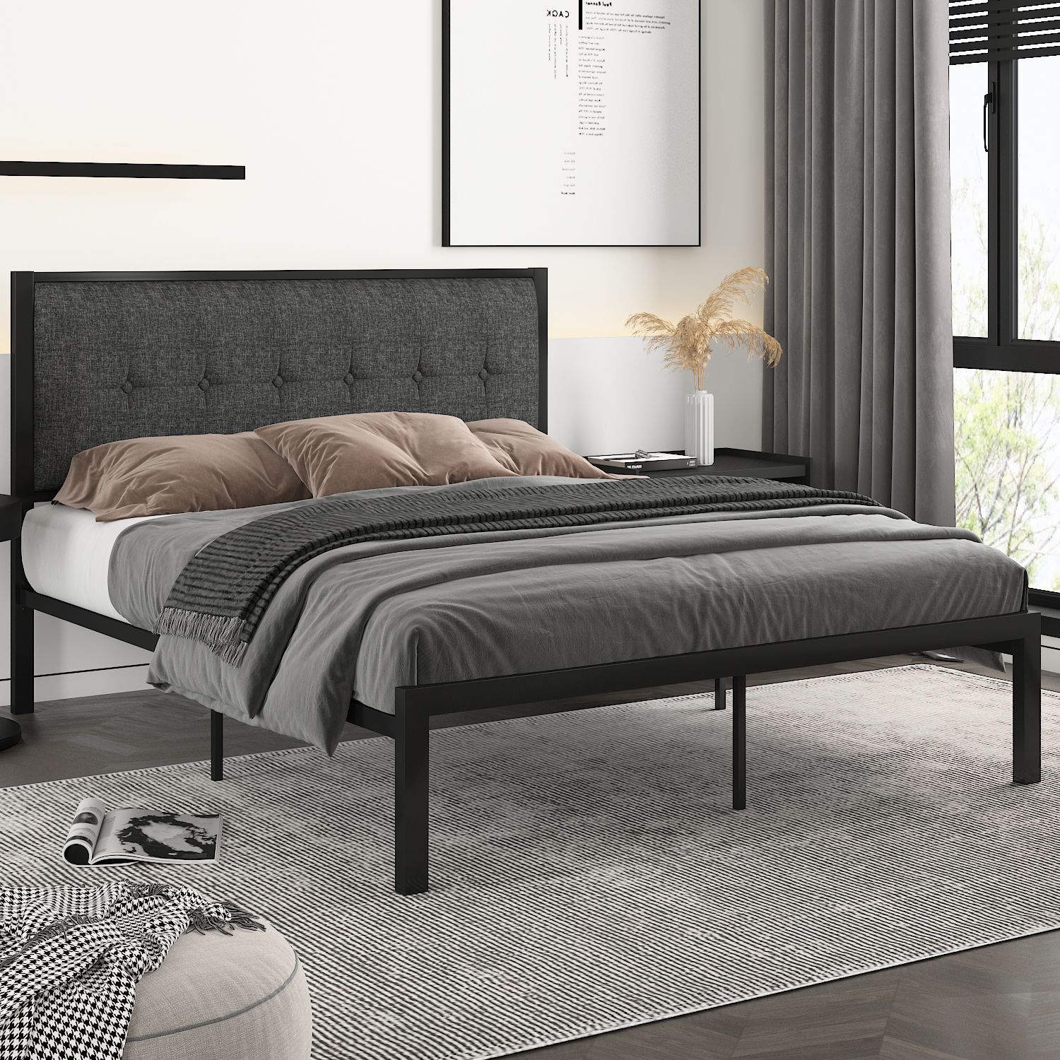 Metal Platform Bed with Tufted Headboard