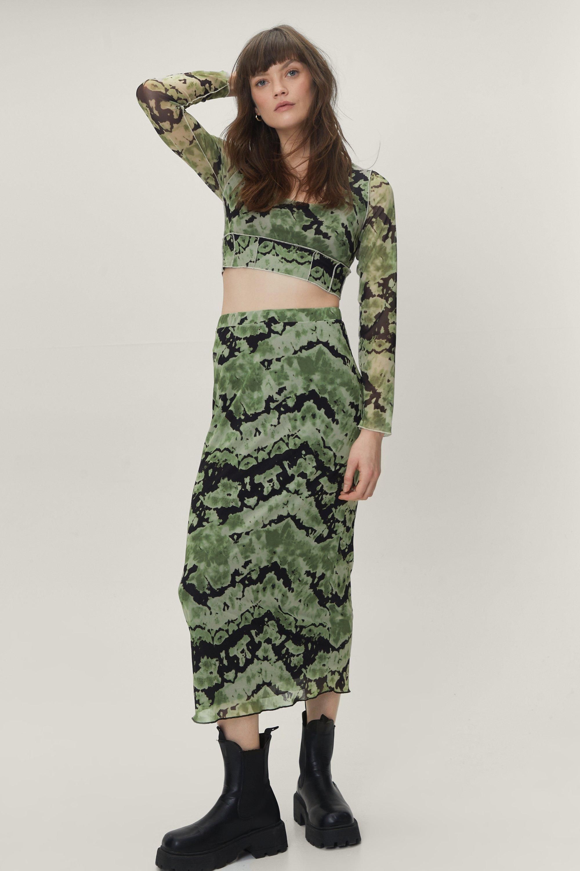 Recycled Tie-Dye-Print Mesh Midi Skirt