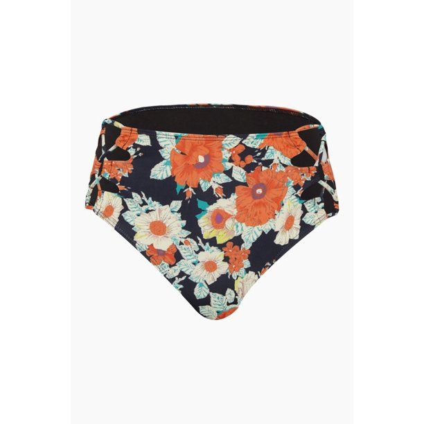 Vintage High Waist Lace Up Sides Bikini Bottom in Navy Blue & Orange Floral Print