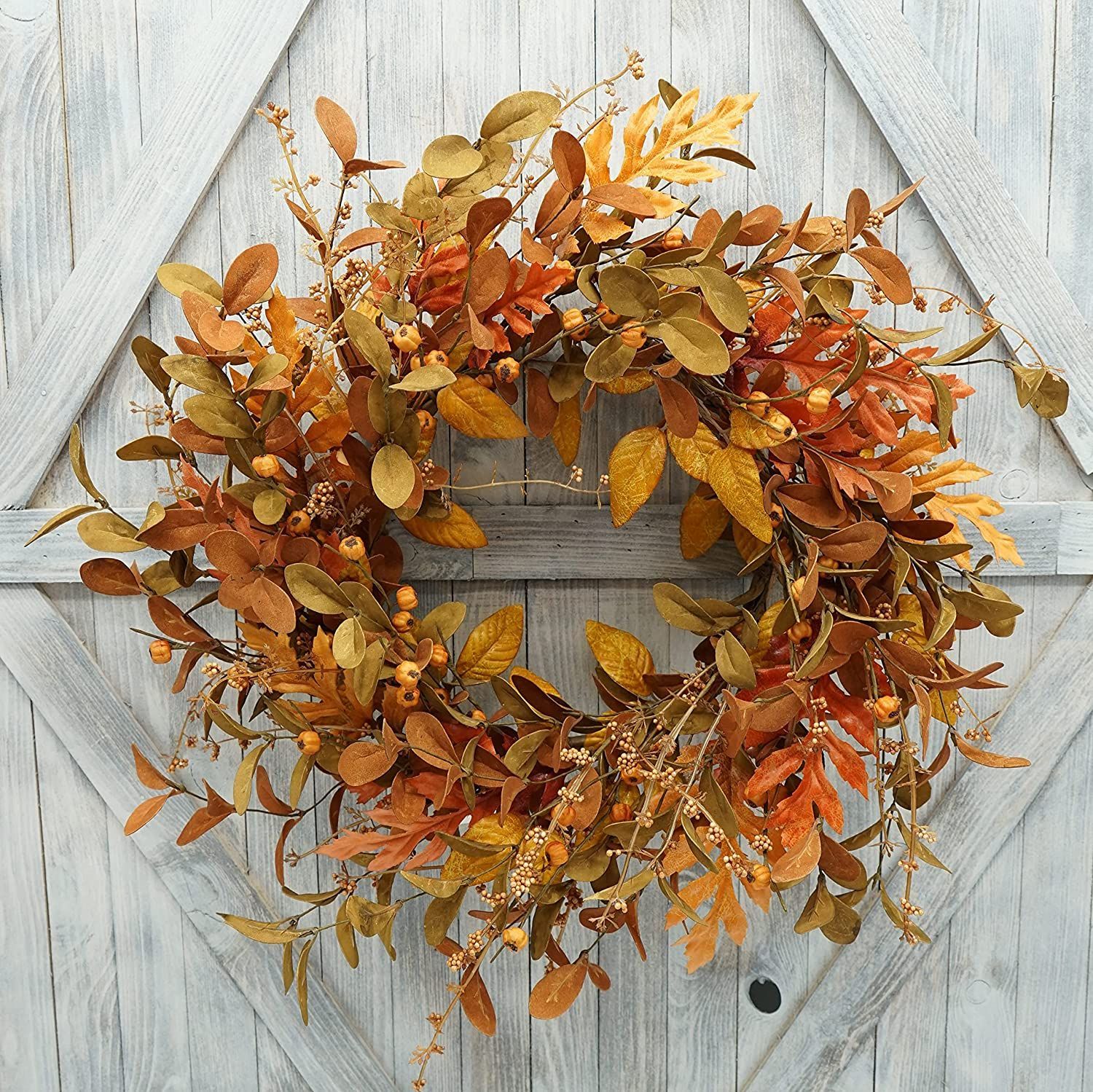 Fall Wreath with Blessed Pumpkin Sign in Gorgeous Blue and Orange Colors