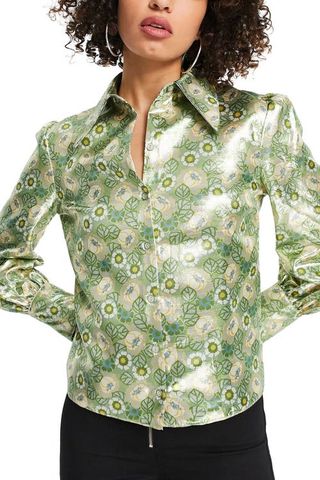 Topshop Metallic Floral Print Button-Up Shirt in Light Green