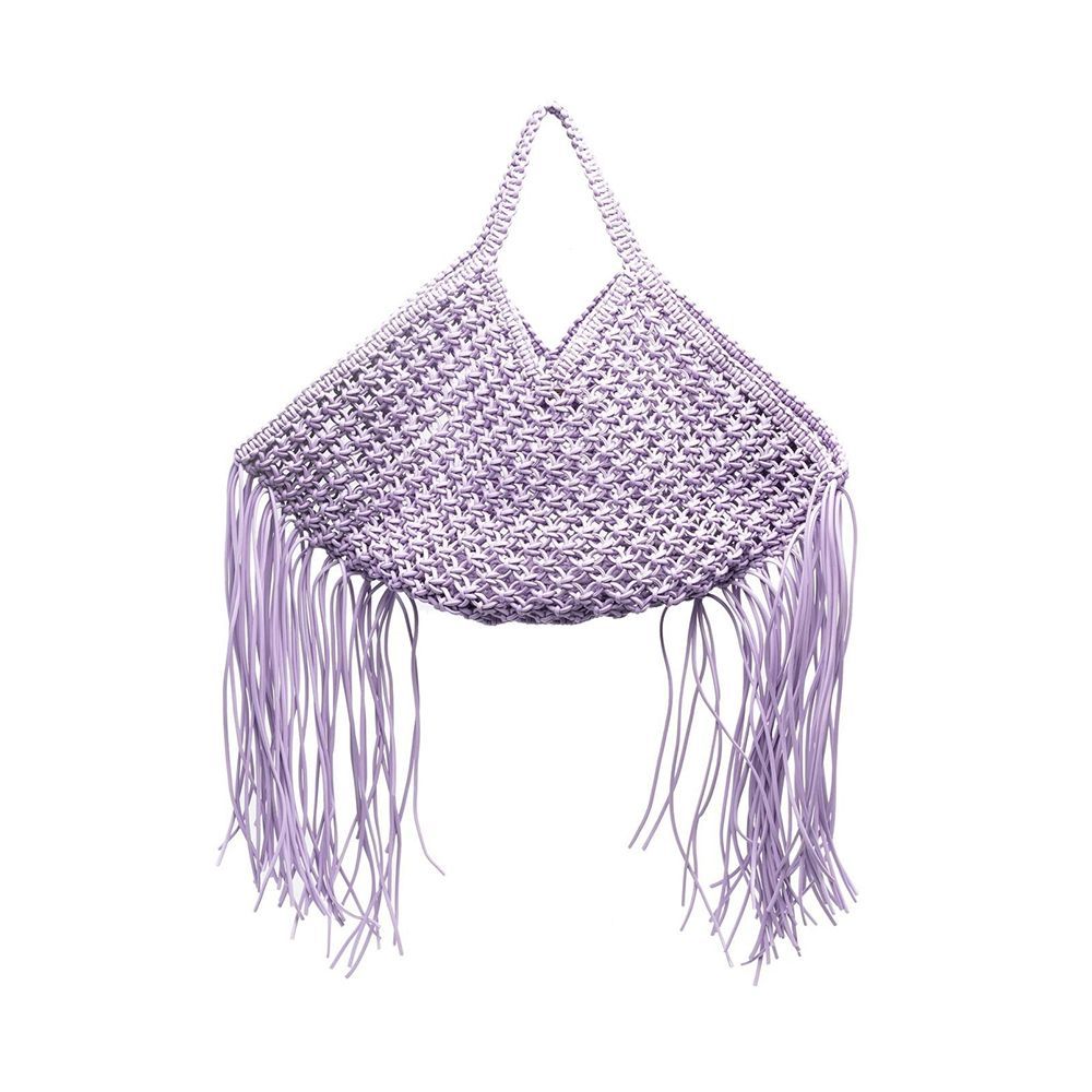 Mini Woven Vegan-Leather Basket Tote Bag with Fringe