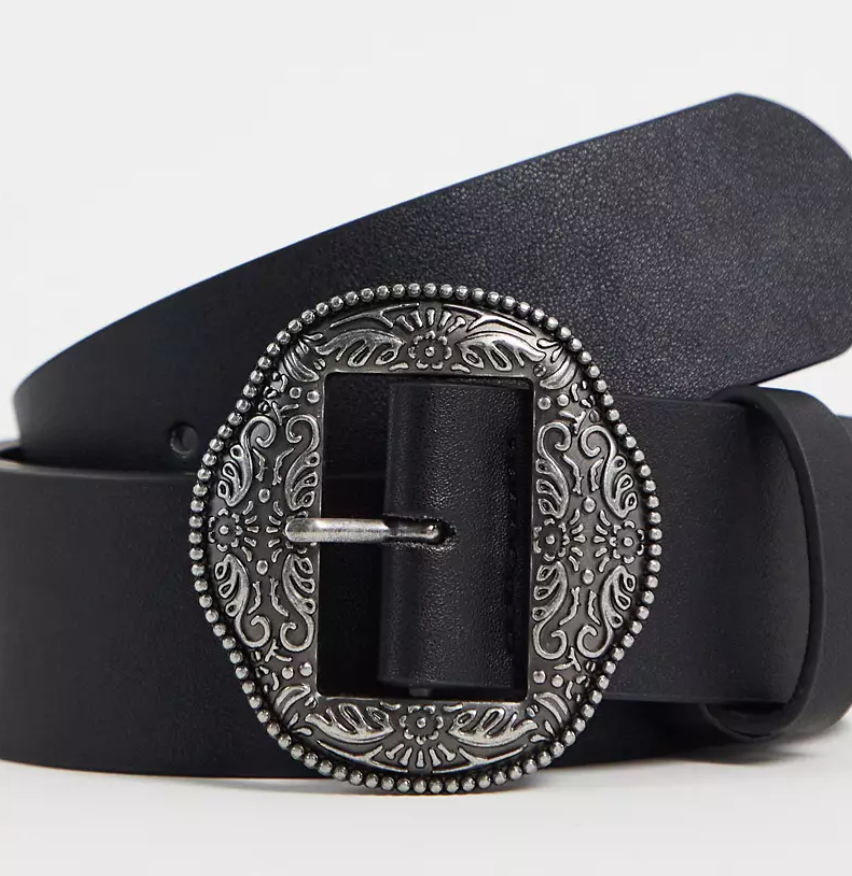 Wide Faux Suede Belt with Burnished Silver Western Buckle in Black